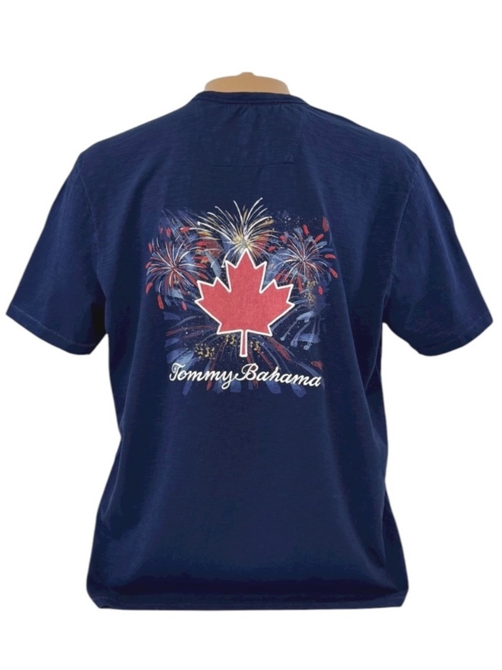 Tommy Bahama Mens LARGE Canada Maple Leaf Fireworks Short Sleeve T-Shirt Blue‎